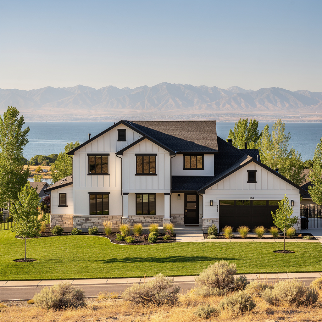 A Studio McGee-style luxury home exterior in Saratoga Springs, UT — Salt and Slate Cleaning Company