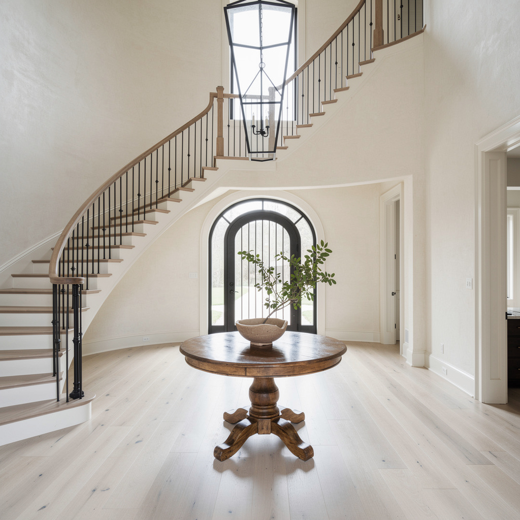 Pristine Studio McGee-style grand foyer with sweeping oak staircase, freshly cleaned by Salt & Slate