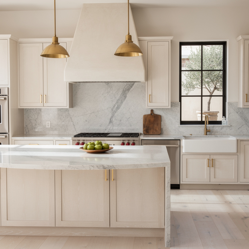 Pristine Studio McGee-style kitchen with marble waterfall island, freshly cleaned by Salt & Slate