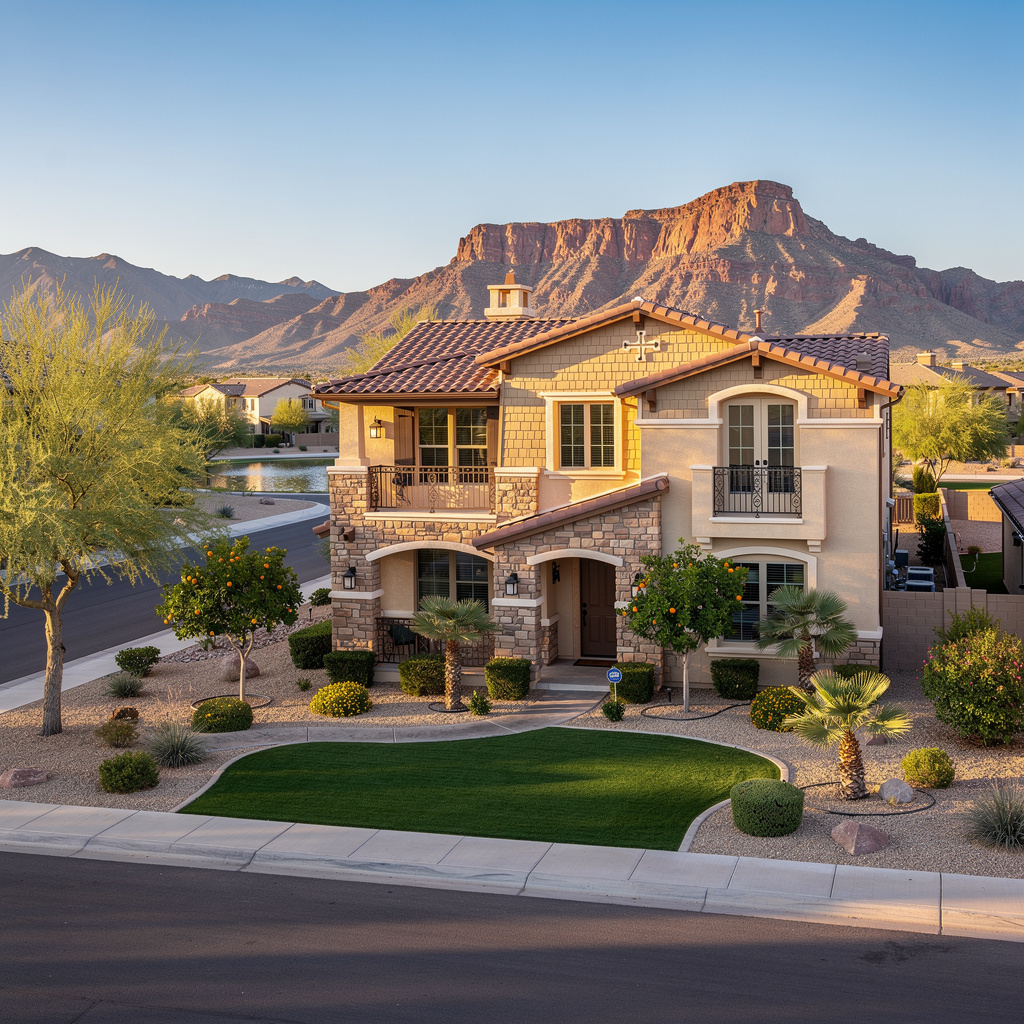 A Studio McGee-style luxury home exterior in the Power Ranch neighborhood of Gilbert, AZ — premium home cleaning by Salt and Slate