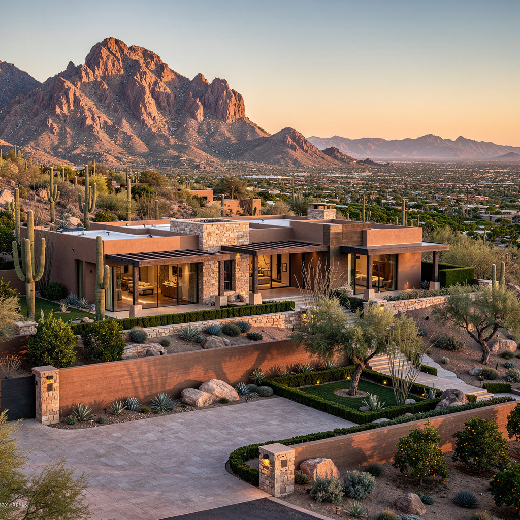 A Studio McGee-style luxury home exterior in the Mummy Mountain neighborhood of Paradise Valley, AZ — premium home cleaning by Salt and Slate