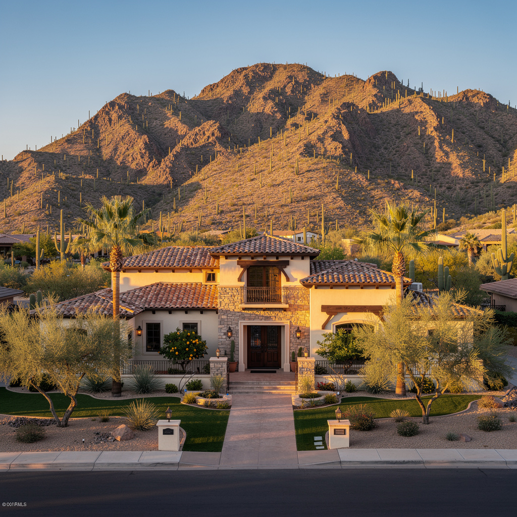 A Studio McGee-style luxury home exterior in the Ahwatukee Foothills neighborhood of Phoenix, AZ — premium home cleaning by Salt and Slate