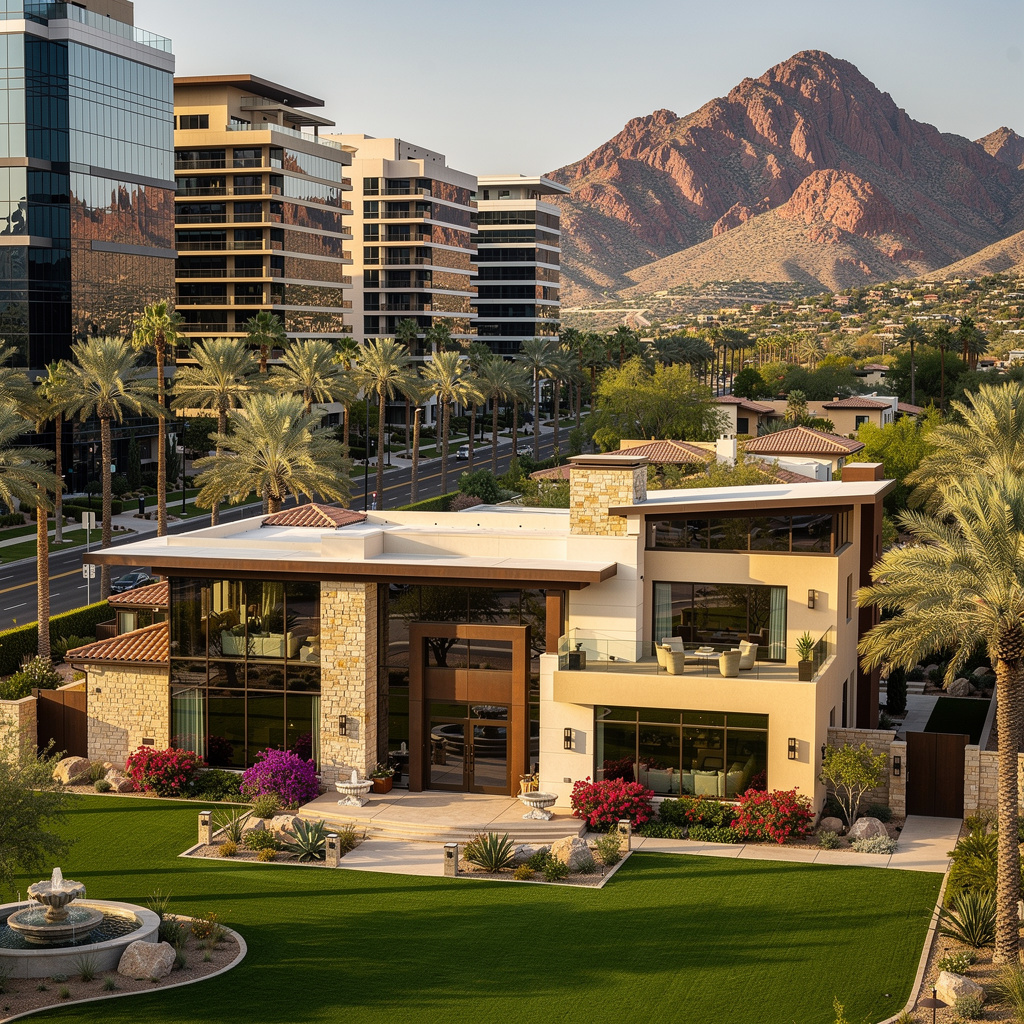 A Studio McGee-style luxury home exterior in the Camelback Corridor neighborhood of Phoenix, AZ — premium home cleaning by Salt and Slate