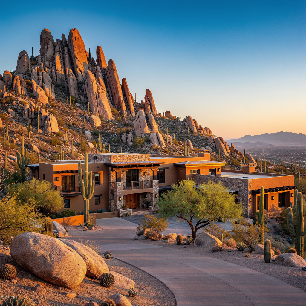 A Studio McGee-style luxury home exterior in the Troon neighborhood of Scottsdale, AZ — premium home cleaning by Salt and Slate