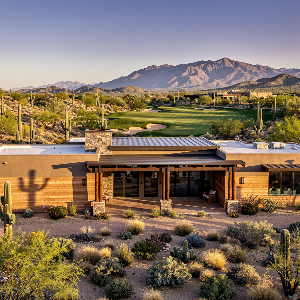 A Studio McGee-style luxury home exterior in the Whisper Rock neighborhood of Scottsdale, AZ — premium home cleaning by Salt and Slate