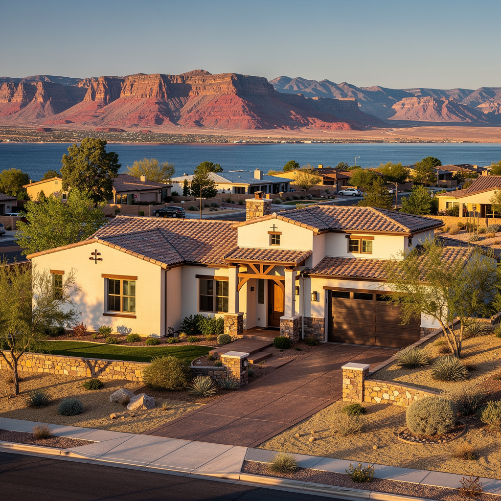 A Studio McGee-style luxury home exterior in the Boulder Hills neighborhood of Boulder City, NV — premium home cleaning by Salt and Slate