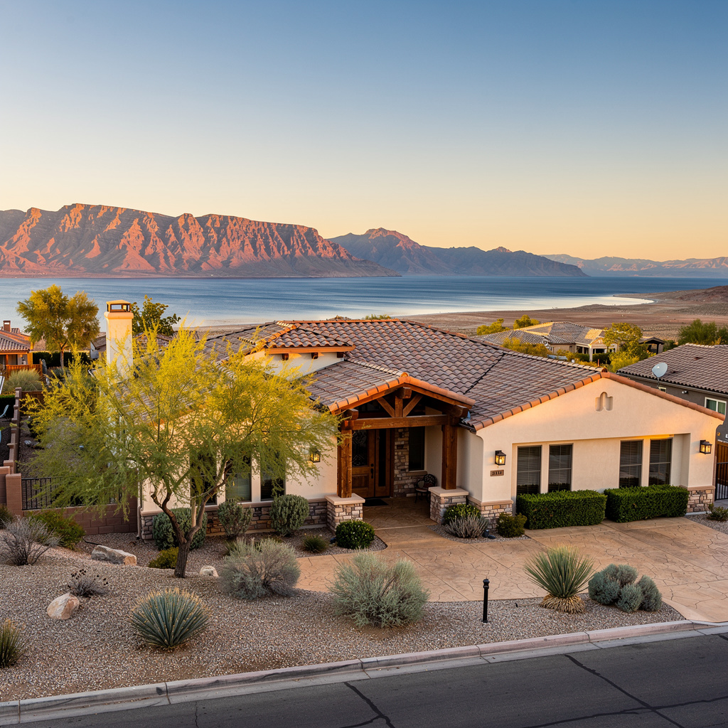 A Studio McGee-style luxury home exterior in the Lake Mead View Estates neighborhood of Boulder City, NV — premium home cleaning by Salt and Slate