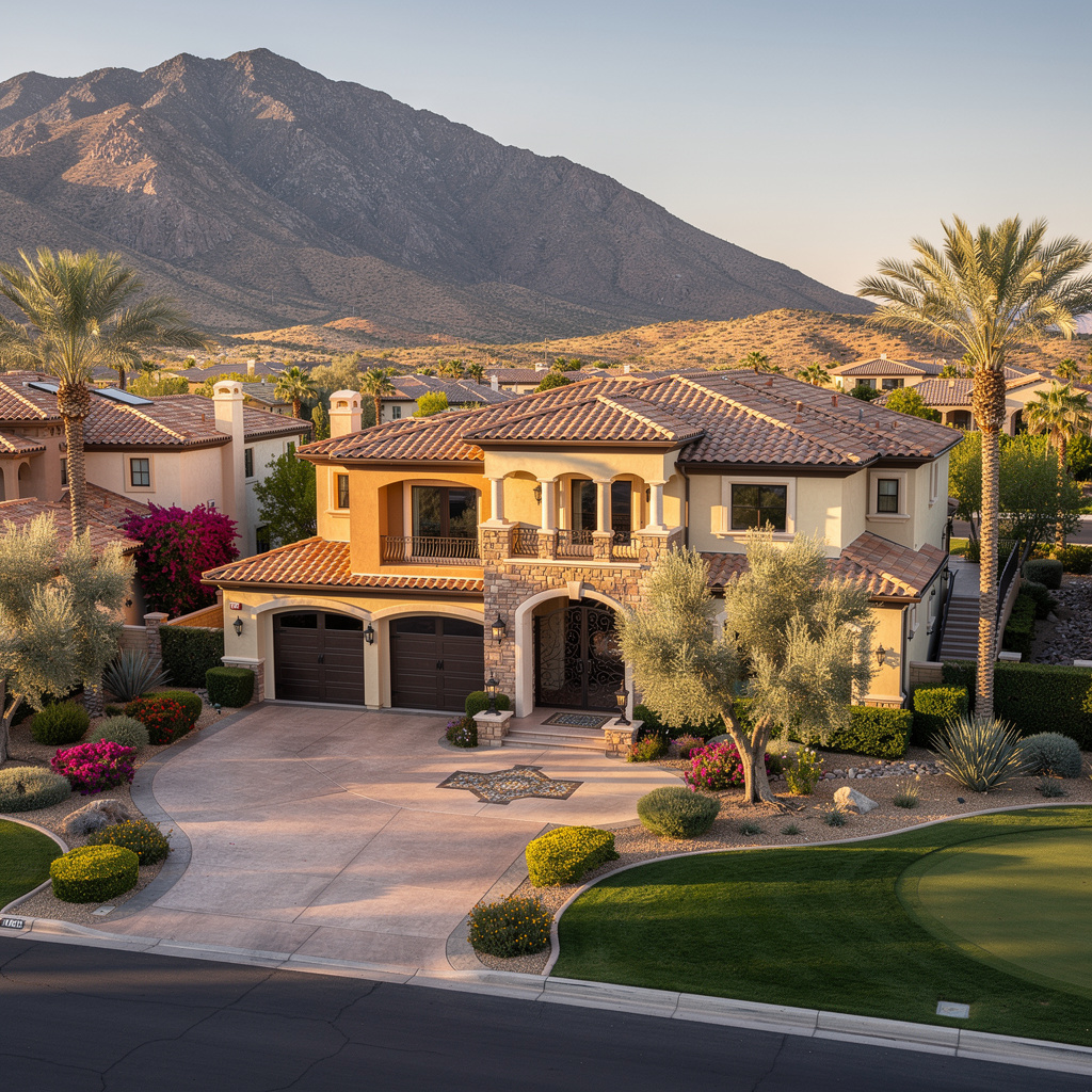 A Studio McGee-style luxury home exterior in the Anthem neighborhood of Henderson, NV — premium home cleaning by Salt and Slate