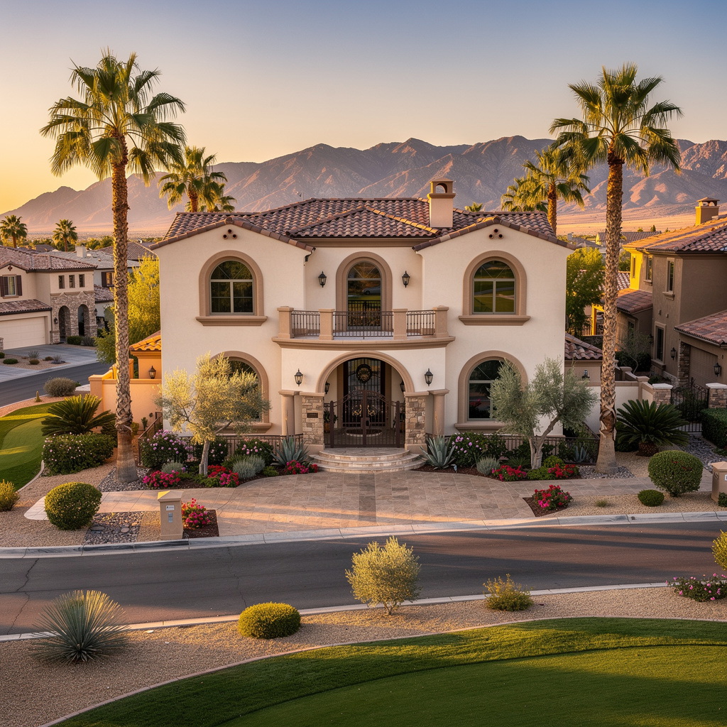 A Studio McGee-style luxury home exterior in the Green Valley Ranch neighborhood of Henderson, NV — premium home cleaning by Salt and Slate