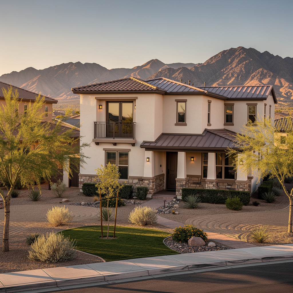 A Studio McGee-style luxury home exterior in the Inspirada neighborhood of Henderson, NV — premium home cleaning by Salt and Slate