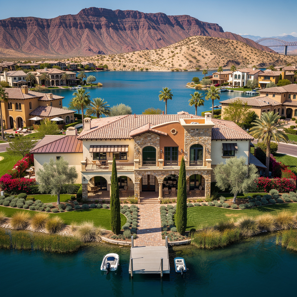A Studio McGee-style luxury home exterior in the Lake Las Vegas neighborhood of Henderson, NV — premium home cleaning by Salt and Slate