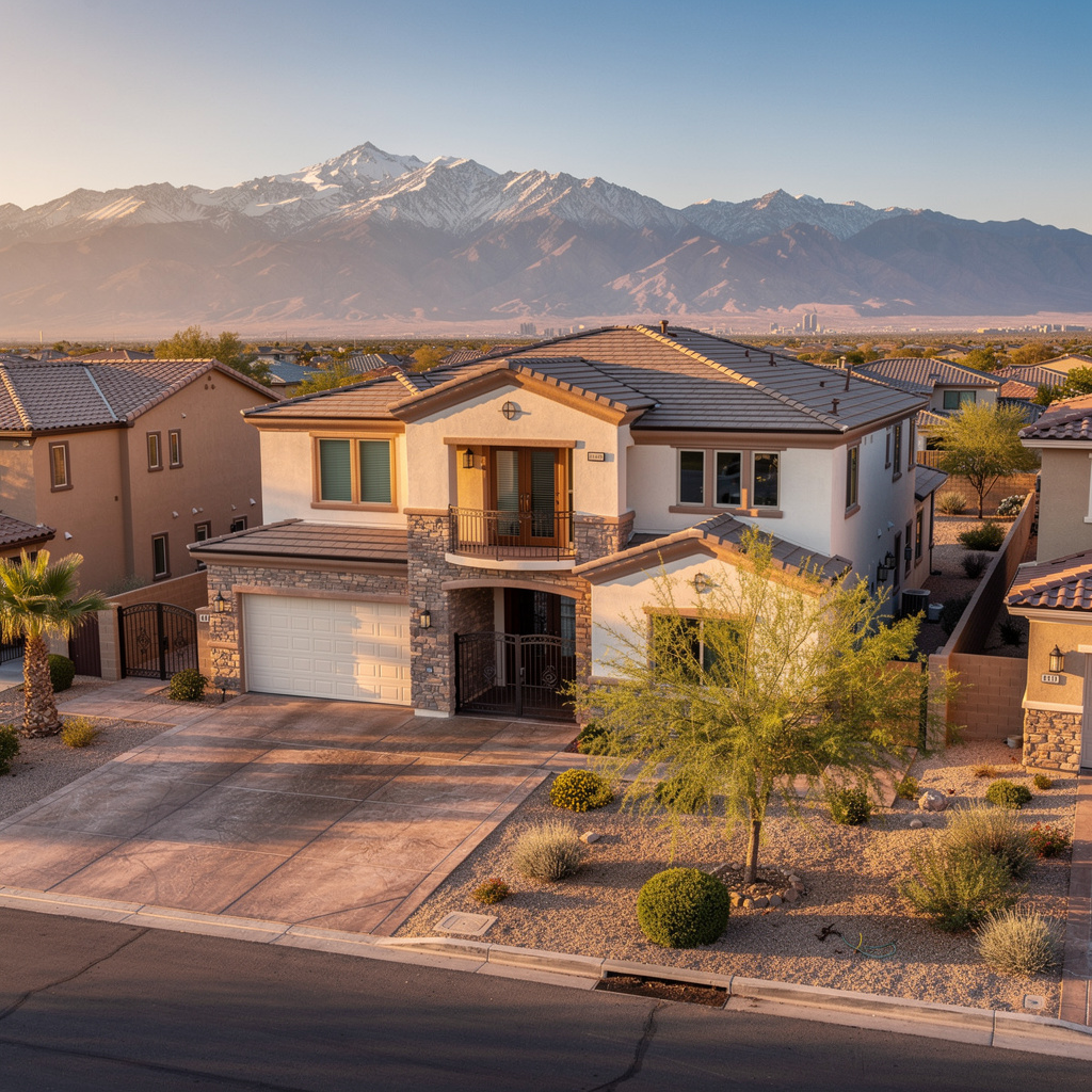 A Studio McGee-style luxury home exterior in the Centennial Hills neighborhood of Las Vegas, NV — premium home cleaning by Salt and Slate
