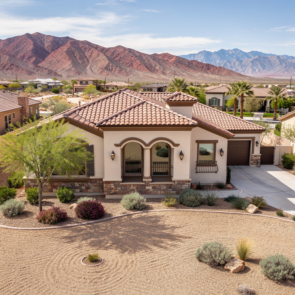 A Studio McGee-style luxury home exterior in the Mountain's Edge neighborhood of Las Vegas, NV — premium home cleaning by Salt and Slate