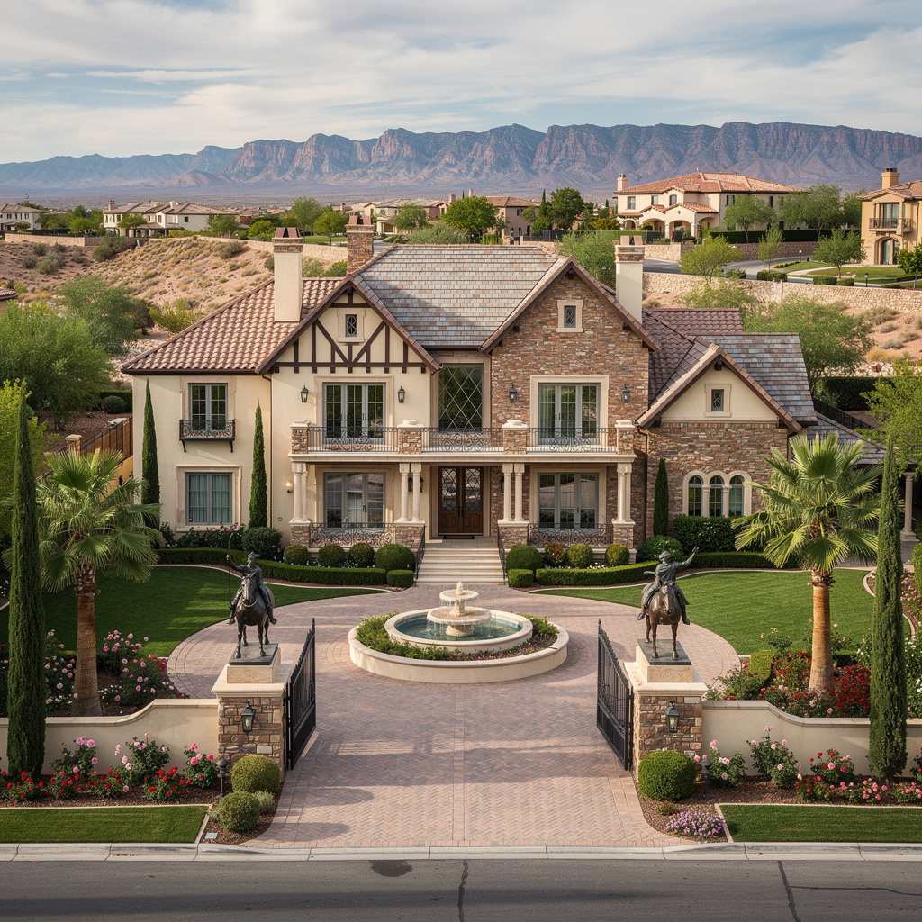 A Studio McGee-style luxury home exterior in the Queensridge neighborhood of Las Vegas, NV — premium home cleaning by Salt and Slate