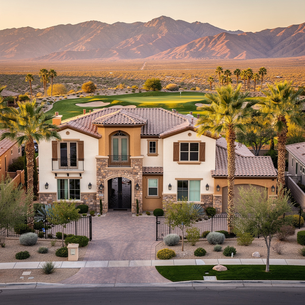 A Studio McGee-style luxury home exterior in the Rhodes Ranch neighborhood of Las Vegas, NV — premium home cleaning by Salt and Slate