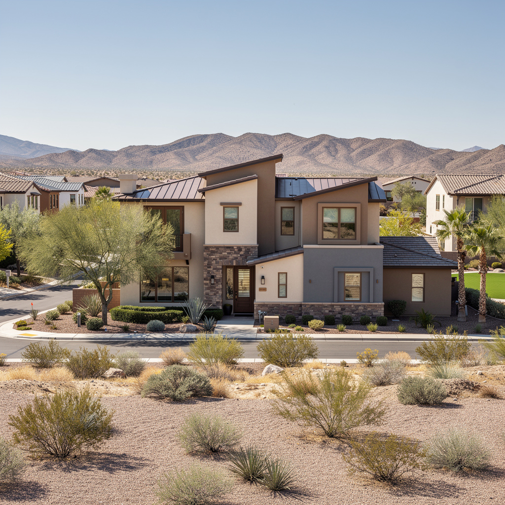 A Studio McGee-style luxury home exterior in the Skye Canyon neighborhood of Las Vegas, NV — premium home cleaning by Salt and Slate