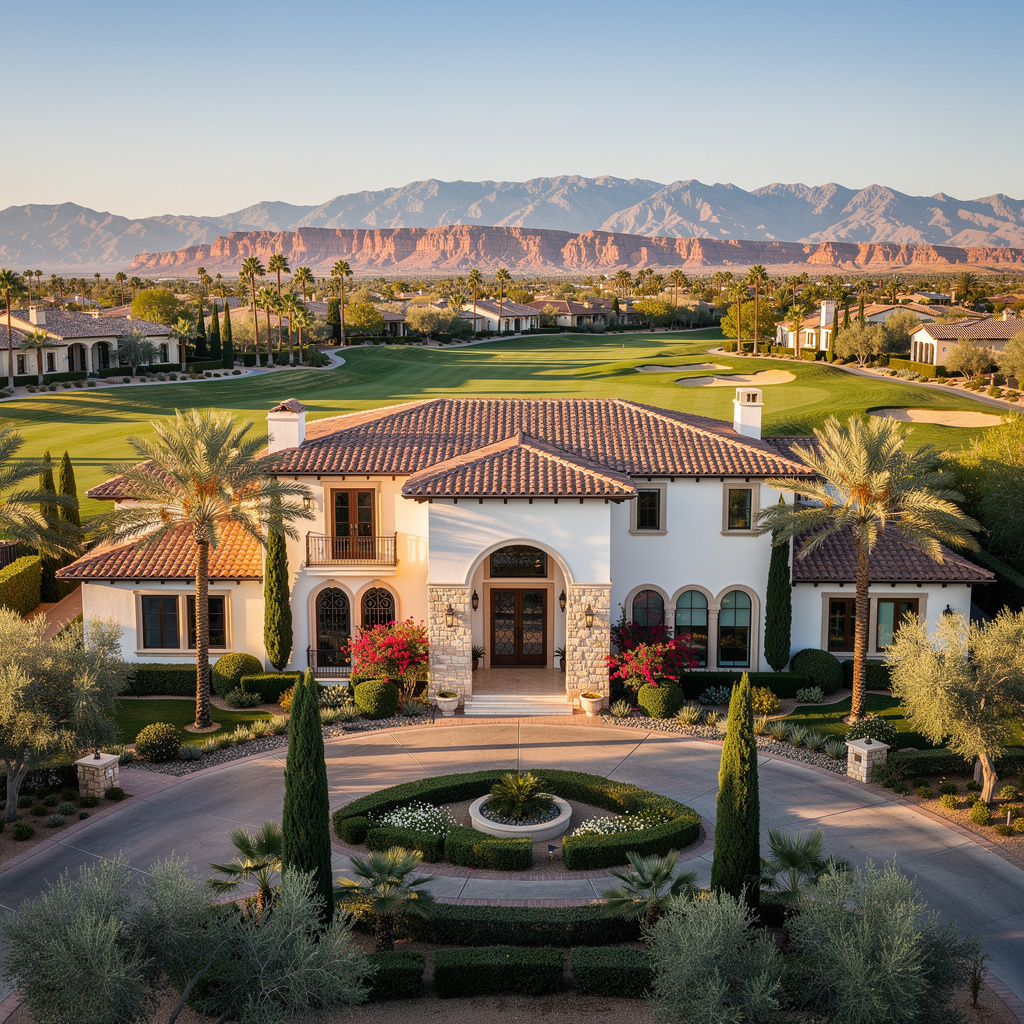 A Studio McGee-style luxury home exterior in the Spanish Trail neighborhood of Las Vegas, NV — premium home cleaning by Salt and Slate