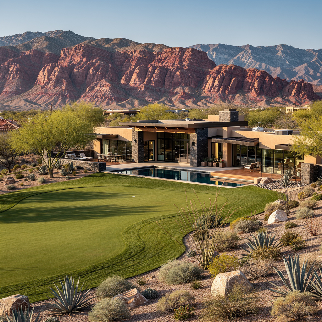 A Studio McGee-style luxury home exterior in the Summit Club neighborhood of Las Vegas, NV — premium home cleaning by Salt and Slate