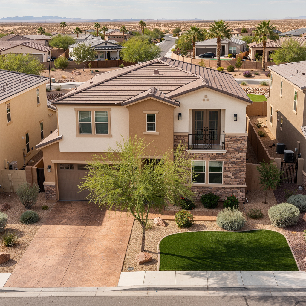 A Studio McGee-style luxury home exterior in the Eldorado neighborhood of North Las Vegas, NV — premium home cleaning by Salt and Slate