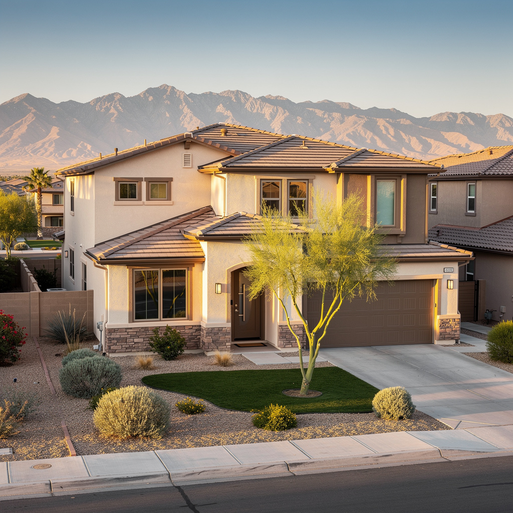 A Studio McGee-style luxury home exterior in the Park Highlands neighborhood of North Las Vegas, NV — premium home cleaning by Salt and Slate
