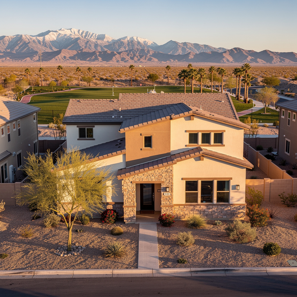 A Studio McGee-style luxury home exterior in the Valley Vista neighborhood of North Las Vegas, NV — premium home cleaning by Salt and Slate