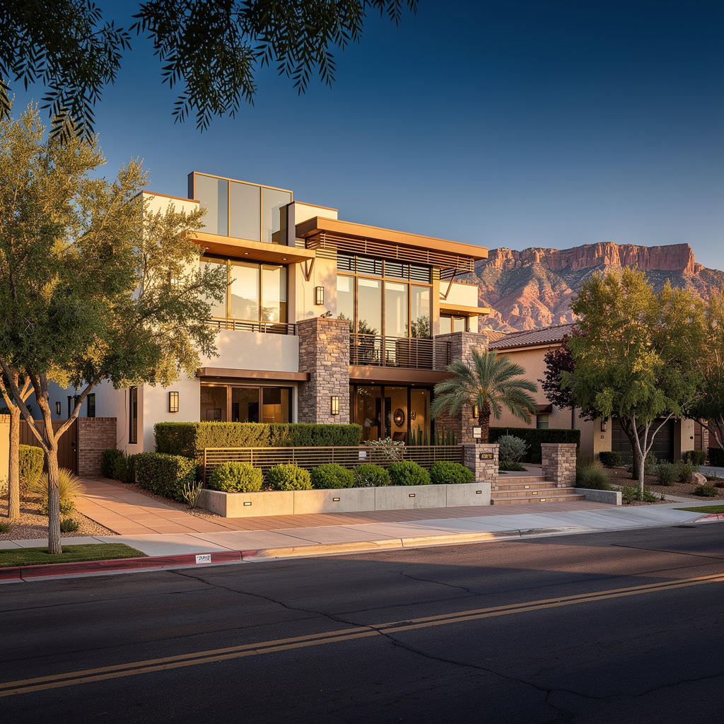 A Studio McGee-style luxury home exterior in the Summerlin Centre neighborhood of Summerlin, NV — premium home cleaning by Salt and Slate