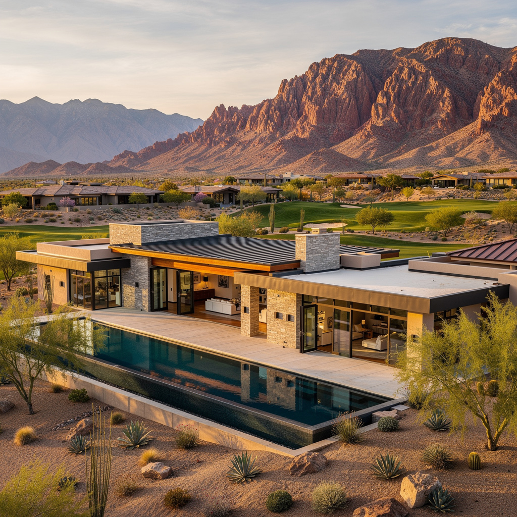 A Studio McGee-style luxury home exterior in the The Ridges neighborhood of Summerlin, NV — premium home cleaning by Salt and Slate