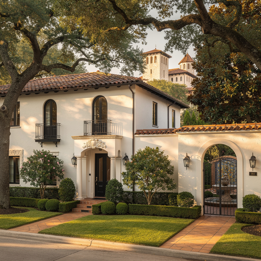 A Studio McGee-style luxury home exterior in the Highland Park Village neighborhood of Highland Park, TX — premium home cleaning by Salt and Slate