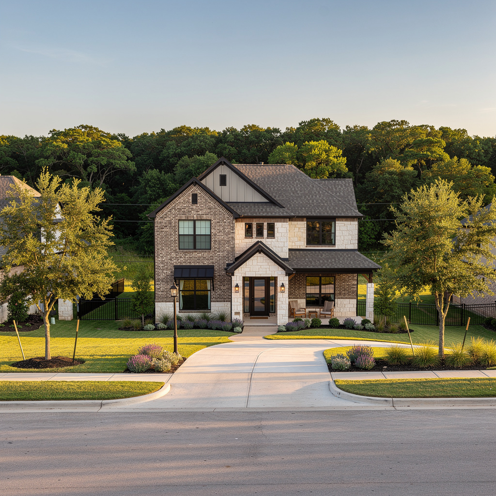 A Studio McGee-style luxury home exterior in the Trinity Falls neighborhood of McKinney, TX — premium home cleaning by Salt and Slate