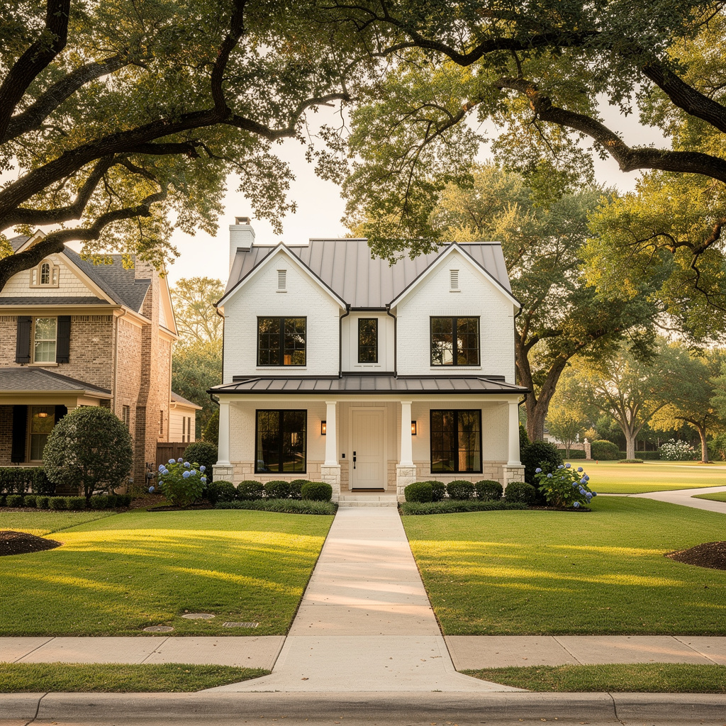 A Studio McGee-style luxury home exterior in the Caruth Hills neighborhood of University Park, TX — premium home cleaning by Salt and Slate
