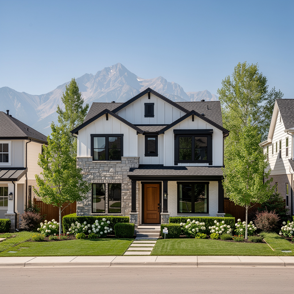 A Studio McGee-style luxury home exterior in the Highland Town Center Estates neighborhood of Highland, UT — premium home cleaning by Salt and Slate