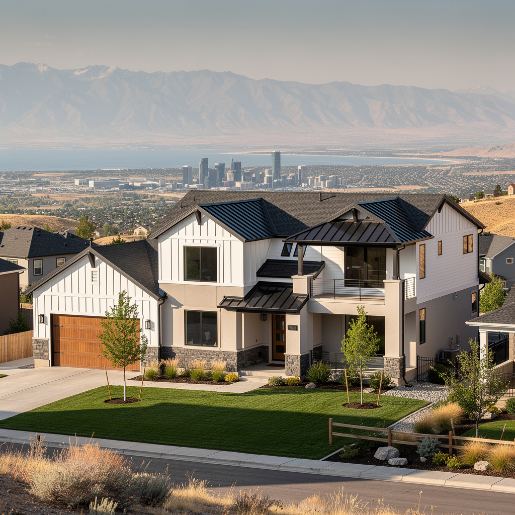 A Studio McGee-style luxury home exterior in the Traverse Mountain neighborhood of Lehi, UT — premium home cleaning by Salt and Slate
