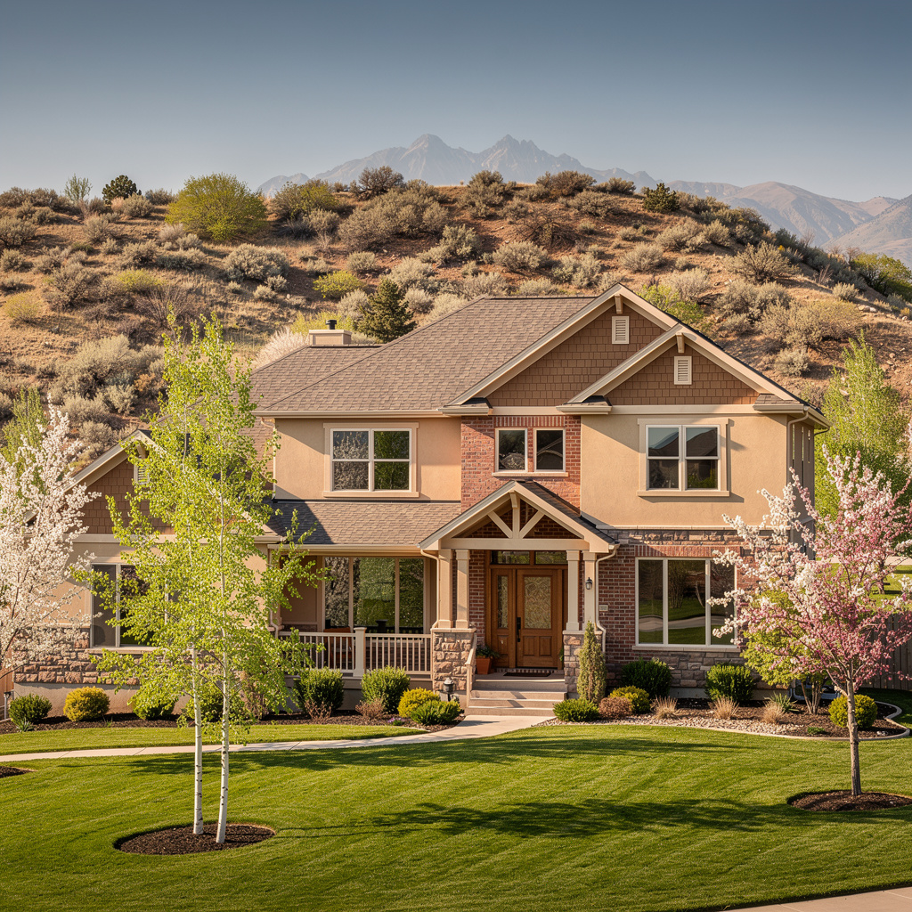 A Studio McGee-style luxury home exterior in the Manila Hills neighborhood of Pleasant Grove, UT — premium home cleaning by Salt and Slate
