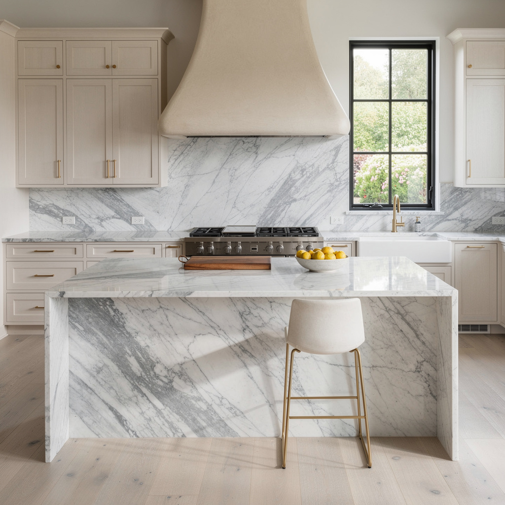 Studio McGee-style kitchen with marble island and brass pendant lighting — deep cleaning in Summerlin, NV by Salt and Slate