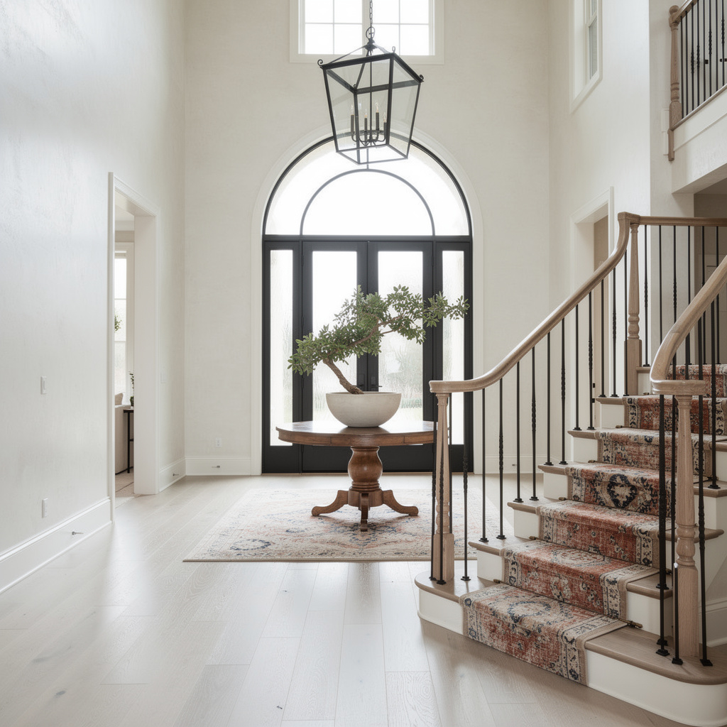 Studio McGee-style grand foyer with sweeping oak staircase — estate cleaning in Orem, UT by Salt and Slate