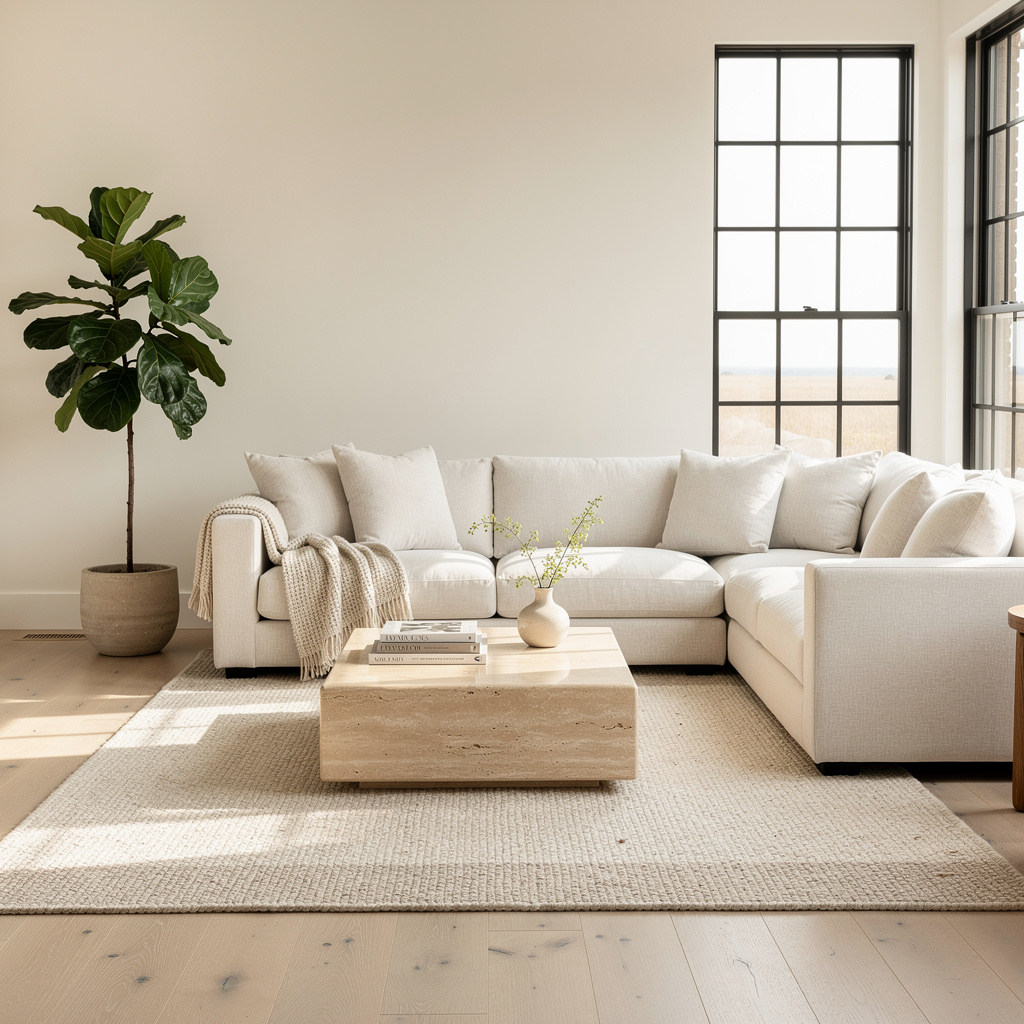 Studio McGee-style great room with linen sofas and stone fireplace — standard & recurring cleaning in Fruit Heights, UT by Salt and Slate