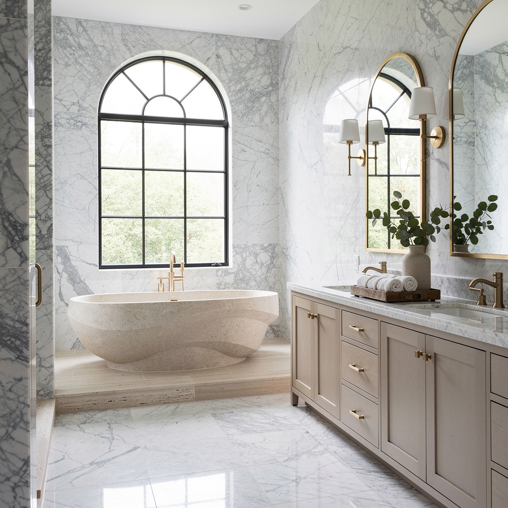 Studio McGee-style primary bathroom with marble and freestanding tub — specialty cleaning across Arizona by Salt and Slate