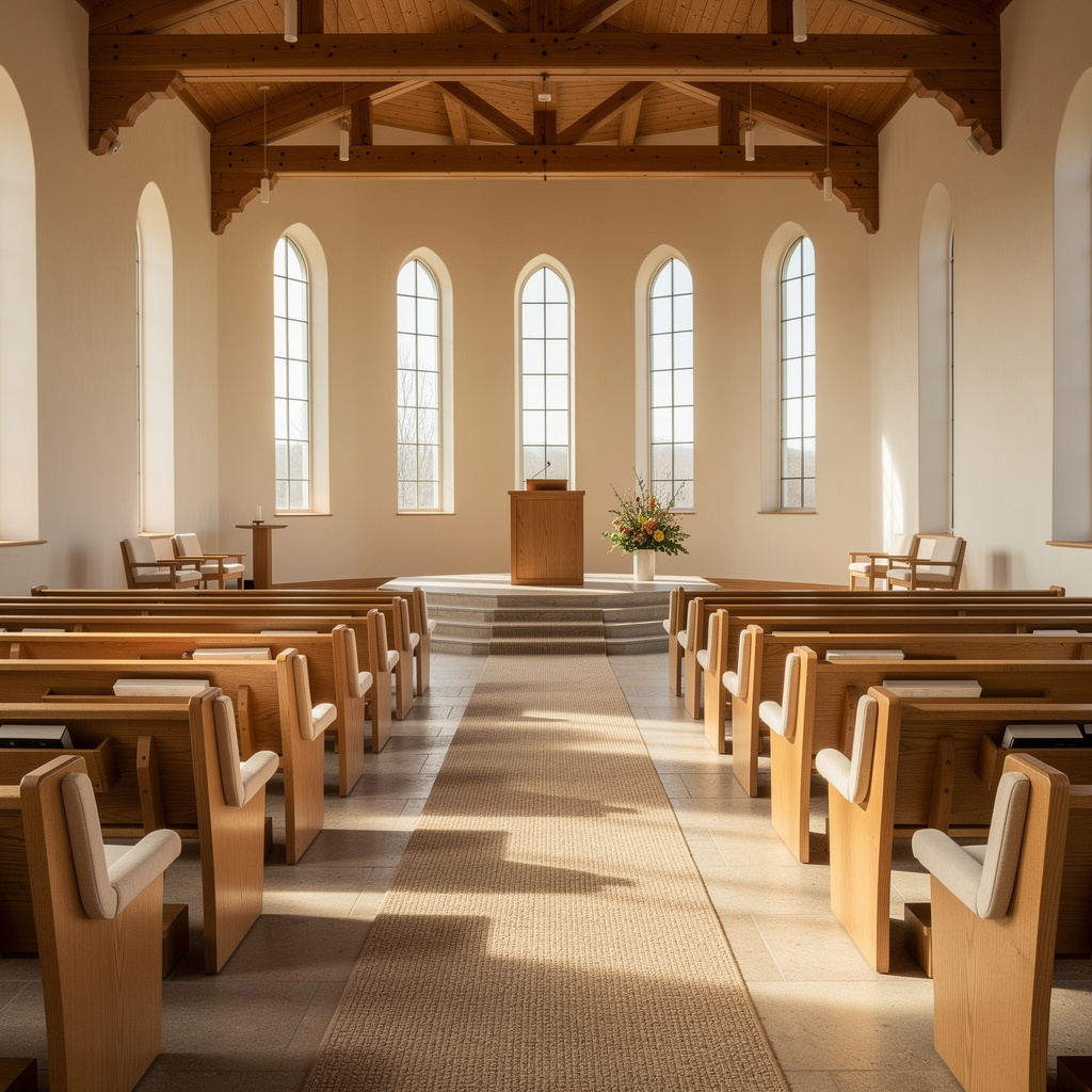 Church sanctuary interior with natural wood pews and arched windows — church cleaning in Orem, UT by Salt and Slate commercial teams