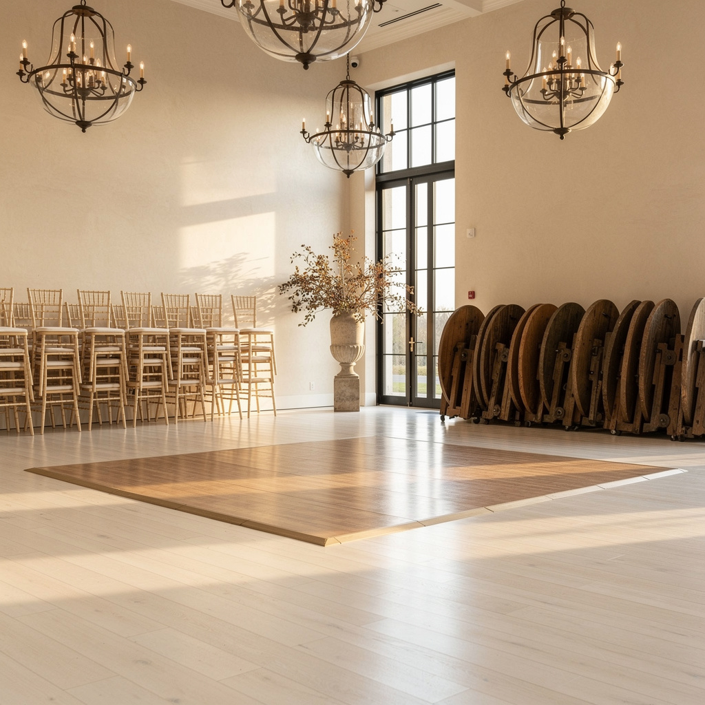 Event venue ballroom reset between bookings with stacked chiavari chairs — event venue cleaning in Clearfield, UT by Salt and Slate commercial teams
