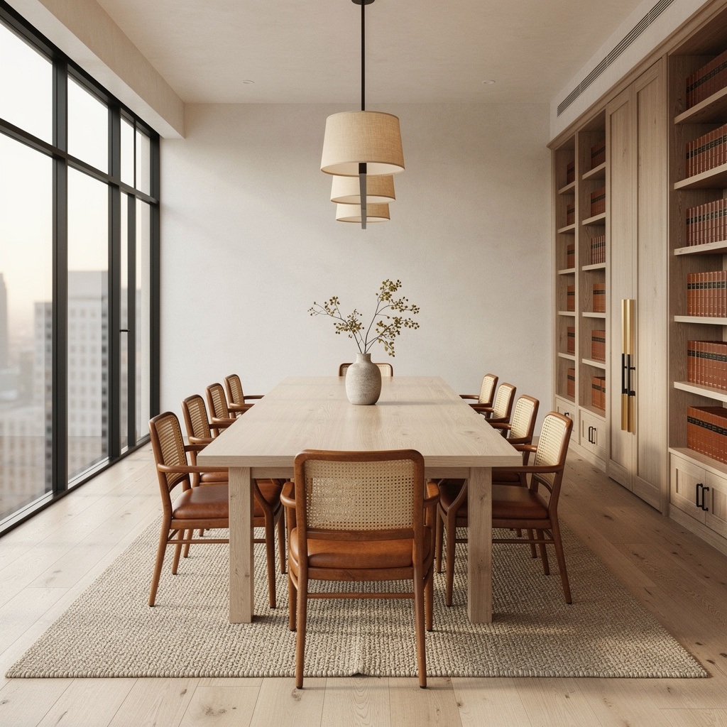 Upscale law firm conference room with white oak table and legal library — representative of the commercial facilities Salt and Slate cleans in Boulder City, NV