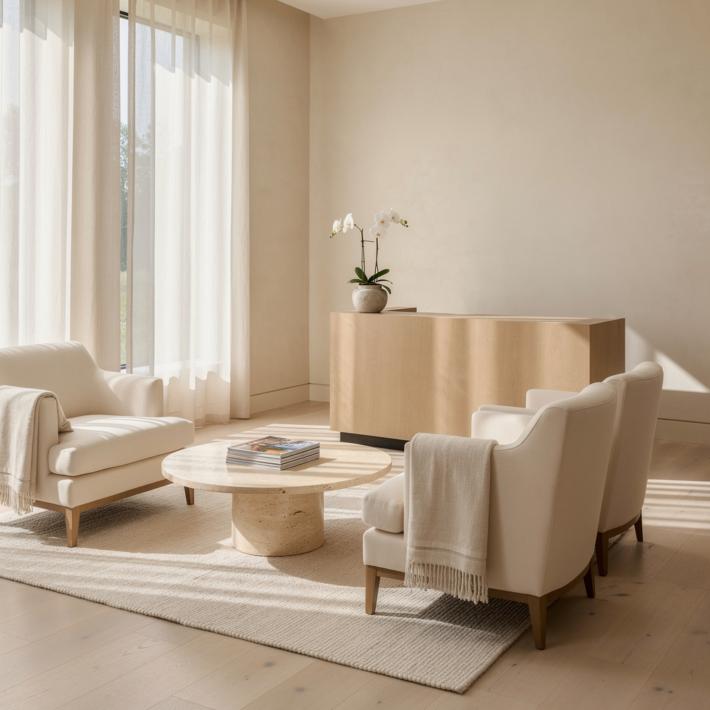 Calm upscale medical office waiting area with cream lounge seating — representative of the commercial facilities Salt and Slate cleans in Phoenix, AZ