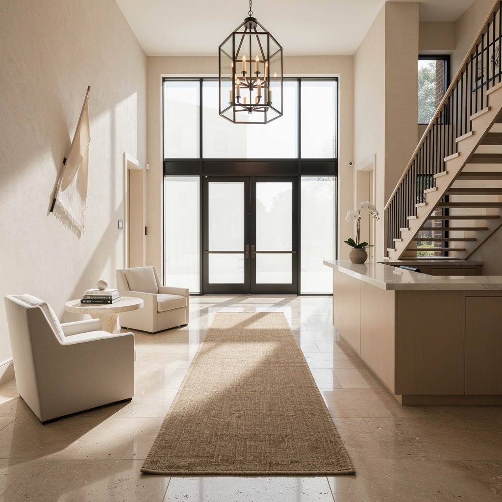 Upscale residential apartment building lobby with travertine floor — property management cleaning across Arizona by Salt and Slate commercial teams