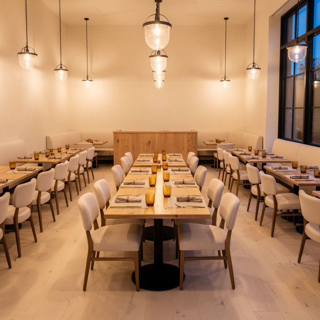 Upscale restaurant dining room reset before service — restaurant cleaning across Arizona by Salt and Slate commercial teams