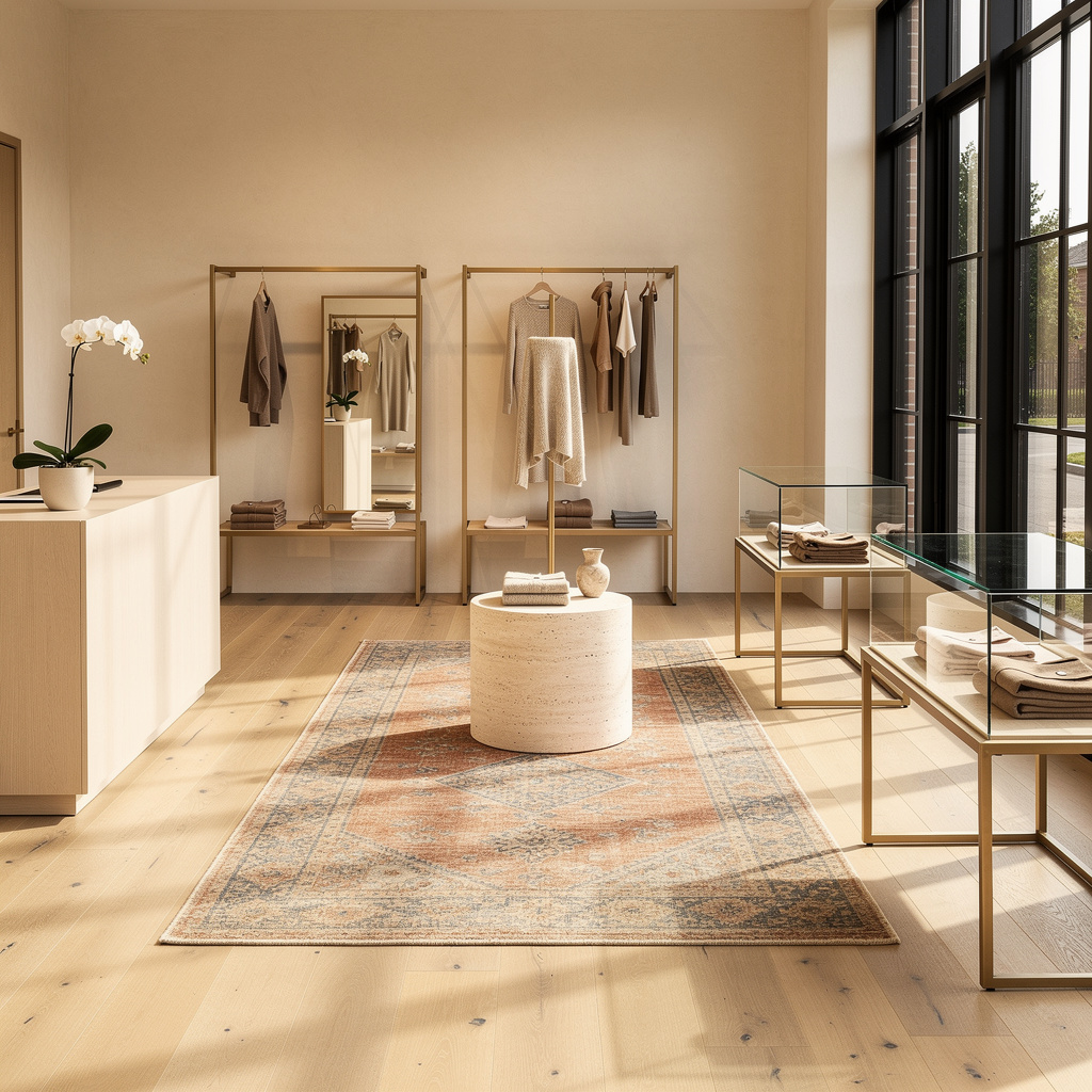Upscale boutique retail store interior with white oak displays — retail cleaning in Bountiful, UT by Salt and Slate commercial teams