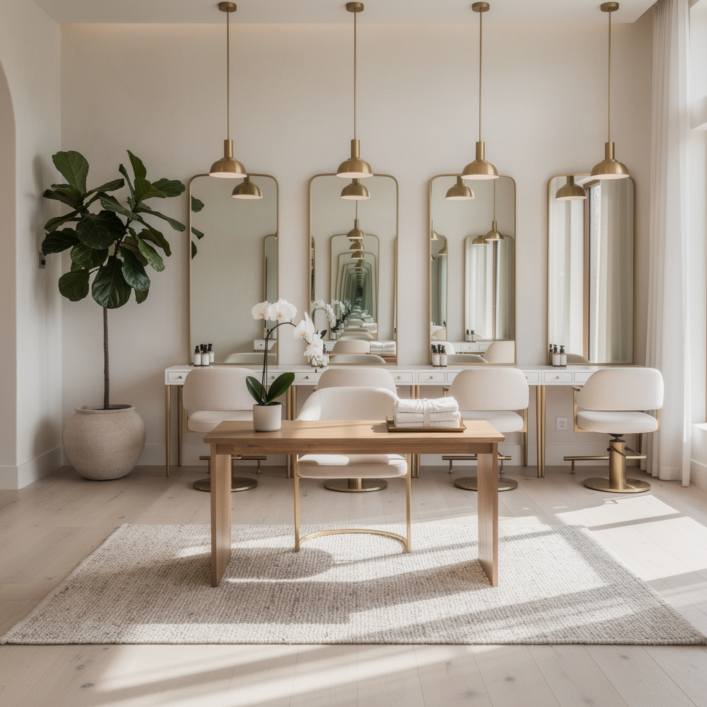 Upscale salon and spa interior with white oak styling stations — representative of the commercial facilities Salt and Slate cleans in Mesa, AZ