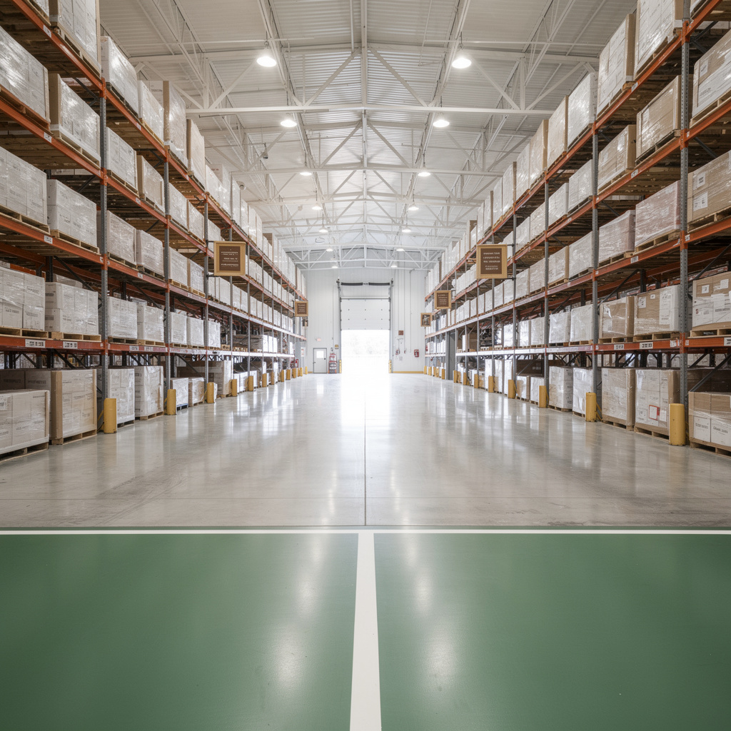 Polished-concrete distribution warehouse aisle with orderly pallet racking — warehouse cleaning in Centerville, UT by Salt and Slate commercial teams